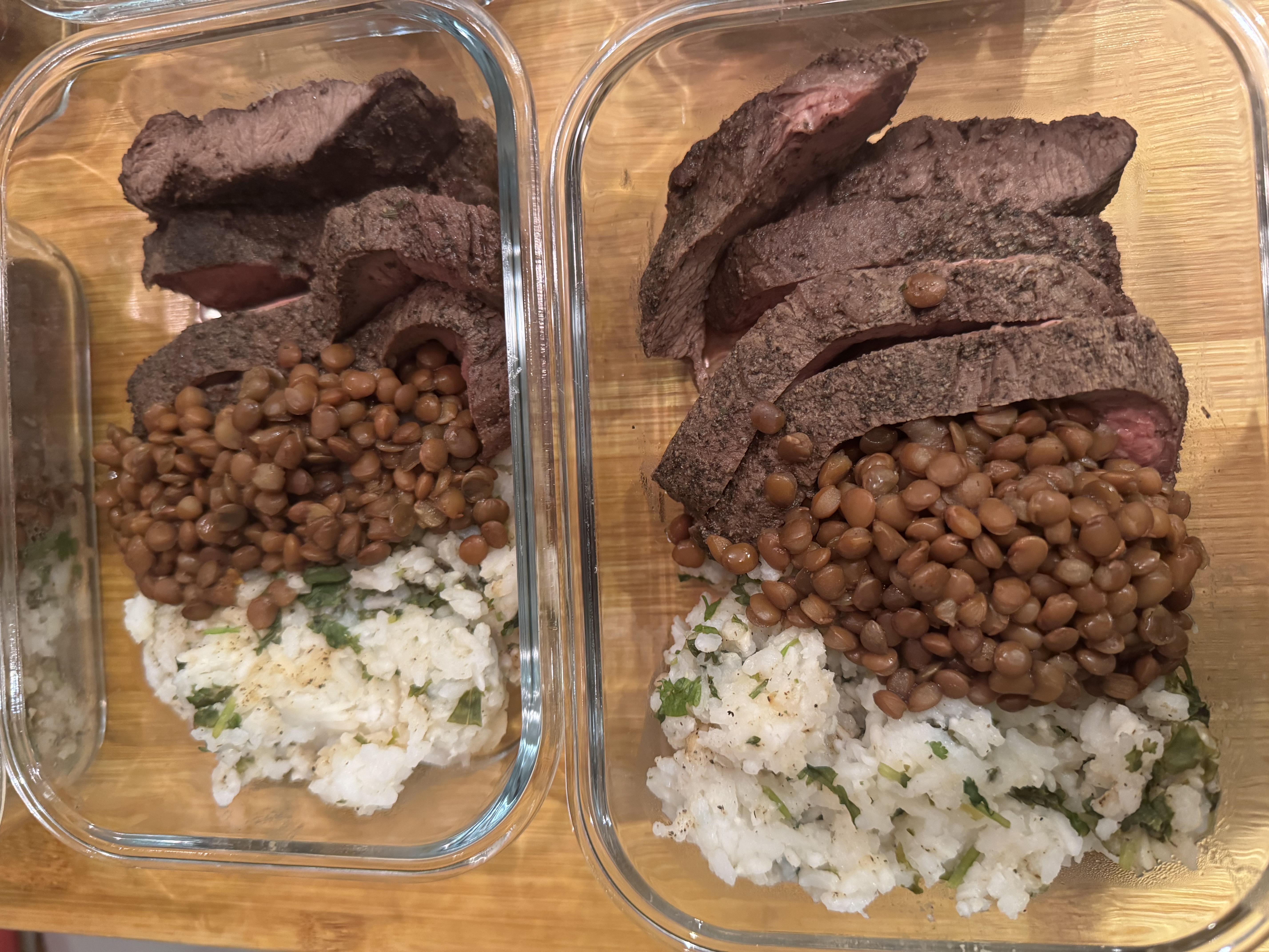 Steak, cilantro lime rice and seasoned lentils