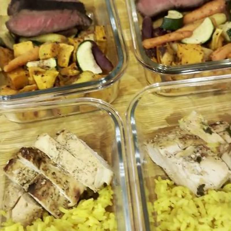 Steak, chicken, and roasted vegetables portioned for the week